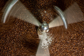 Coffee roasting machine overhead shot with freshly roasted beans cooling down in agitator.