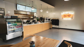 L&J's Cafe newly opened in Orange,CA - the interior of the cafe with drink display and coffee bags for sale.