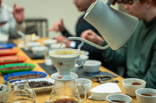 Person pouring coffee into a white mug with class in the background having a coffee tasting.